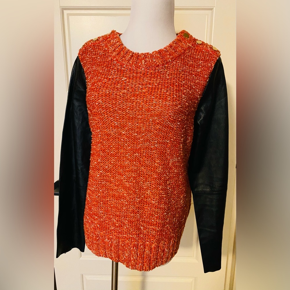 Tracy Reese sweater, gold thread through orange knit, lamb leather sleeves, L